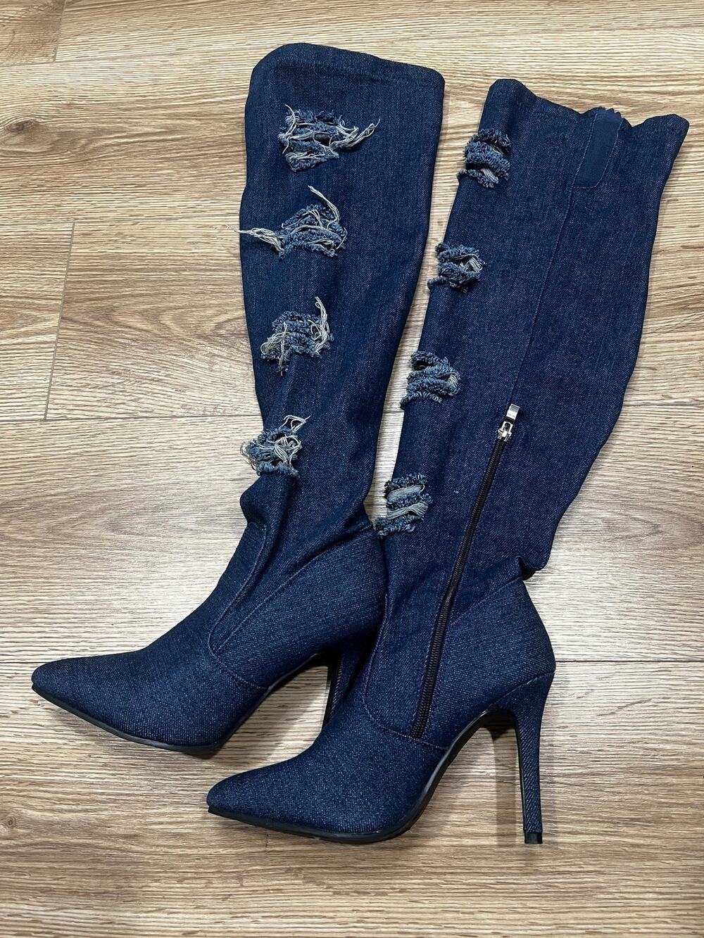 Forever Womens Knee High Boots Size 6 Blue Distressed Zipper Pointed Toe (A00)